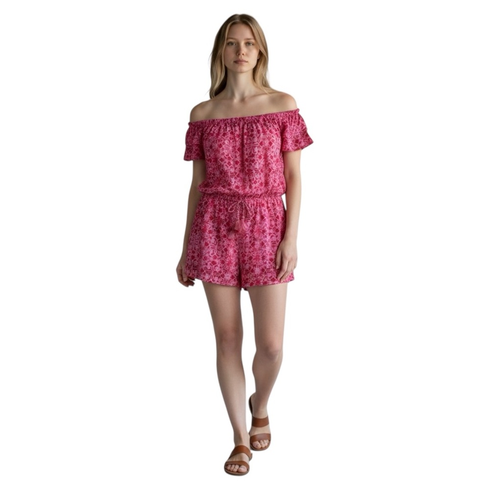 Vineyard Vines‎ Otomi Off-The-Shoulder Linen Romper Size Small Pink Red Floral